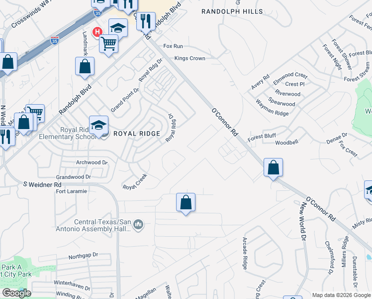 map of restaurants, bars, coffee shops, grocery stores, and more near 10266 Grand Meadow in San Antonio