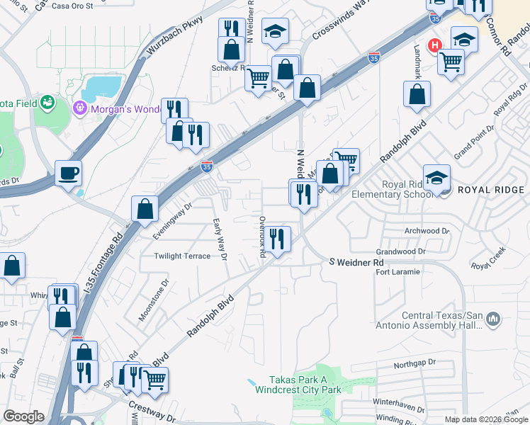 map of restaurants, bars, coffee shops, grocery stores, and more near 235 Overlook Road in San Antonio