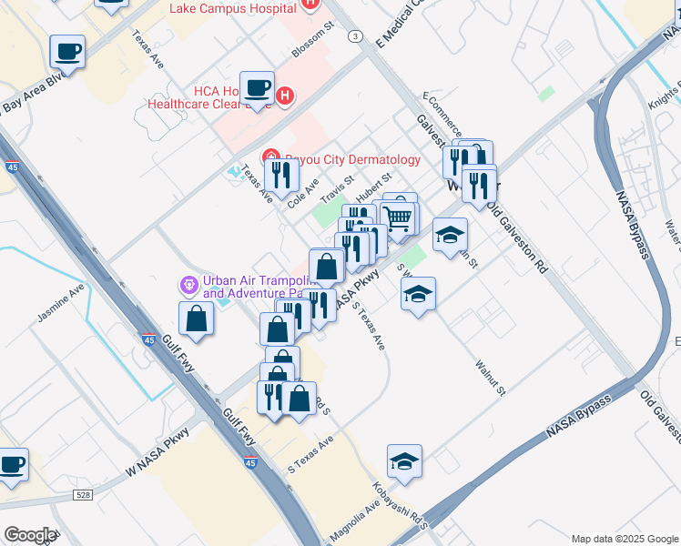 map of restaurants, bars, coffee shops, grocery stores, and more near 100 Texas Avenue in Webster