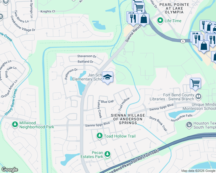 map of restaurants, bars, coffee shops, grocery stores, and more near 7400 Discovery Lane in Missouri City