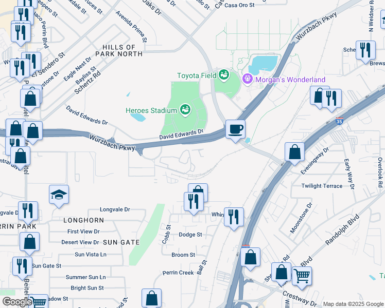 map of restaurants, bars, coffee shops, grocery stores, and more near 4906 Wurzbach Parkway in San Antonio