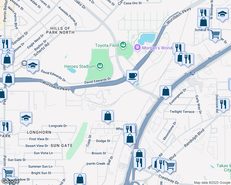 map of restaurants, bars, coffee shops, grocery stores, and more near 4906 Wurzbach Parkway in San Antonio