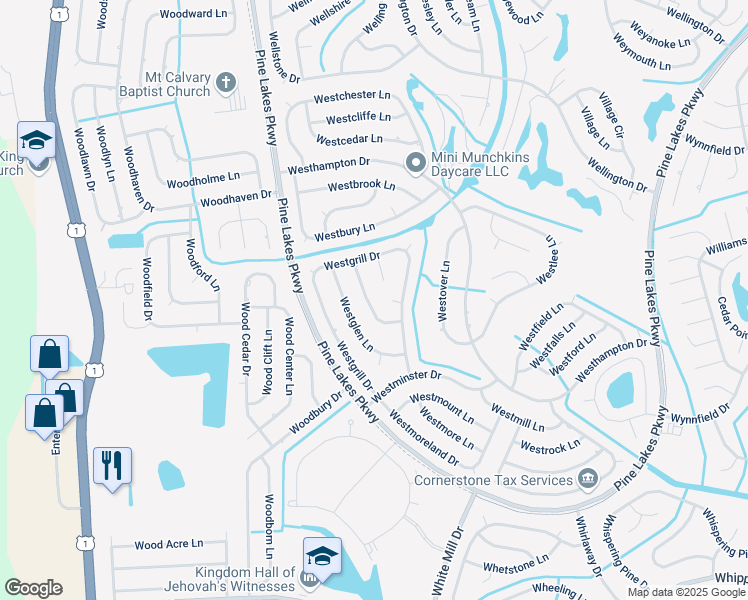 map of restaurants, bars, coffee shops, grocery stores, and more near 35 Westgate Lane in Palm Coast