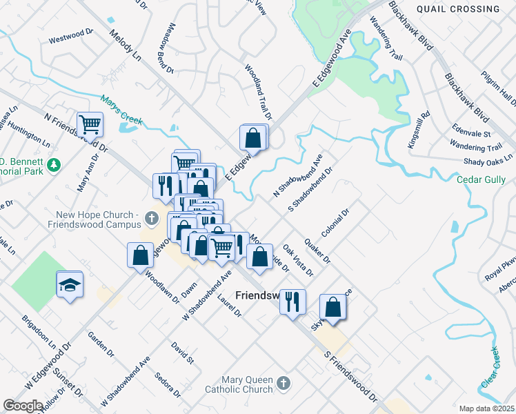 map of restaurants, bars, coffee shops, grocery stores, and more near 208 Shady Nook Lane in Friendswood