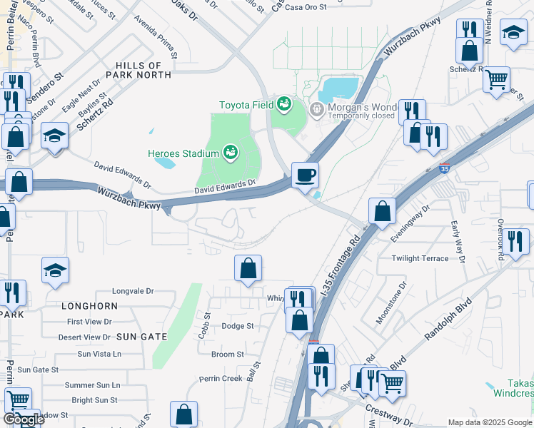 map of restaurants, bars, coffee shops, grocery stores, and more near 4906 Wurzbach Parkway in San Antonio