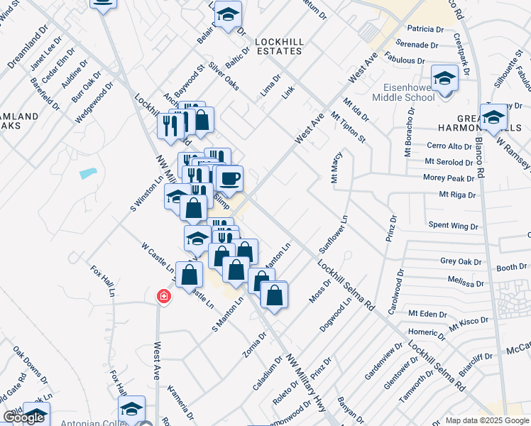 map of restaurants, bars, coffee shops, grocery stores, and more near 1626 Lockhill Selma Road in San Antonio