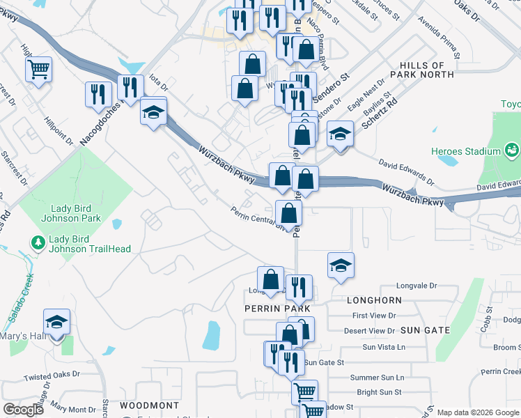 map of restaurants, bars, coffee shops, grocery stores, and more near 3919 Perrin Central Boulevard in San Antonio