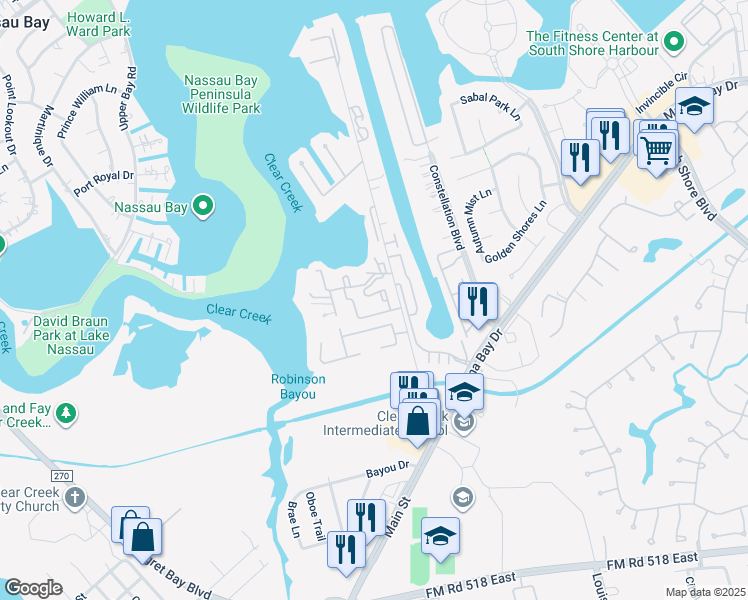 map of restaurants, bars, coffee shops, grocery stores, and more near 2114 Crows Nest Drive in League City
