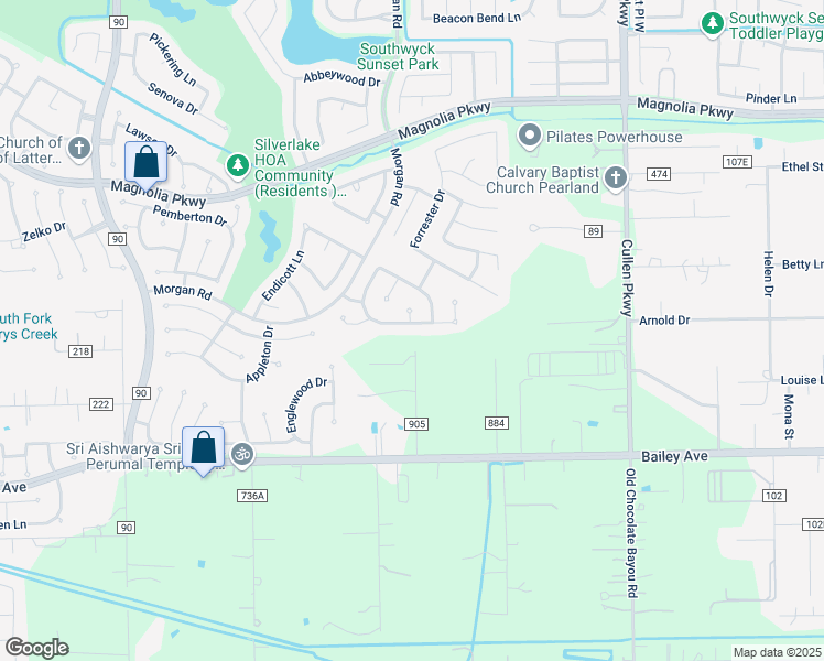 map of restaurants, bars, coffee shops, grocery stores, and more near 3323 Ridgepoint Court in Pearland