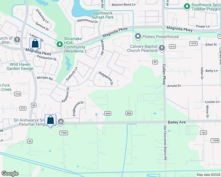 map of restaurants, bars, coffee shops, grocery stores, and more near 4122 Ridgepoint Drive in Pearland