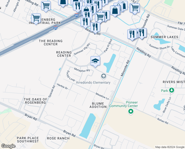 map of restaurants, bars, coffee shops, grocery stores, and more near 1018 Mysterium Lane in Rosenberg
