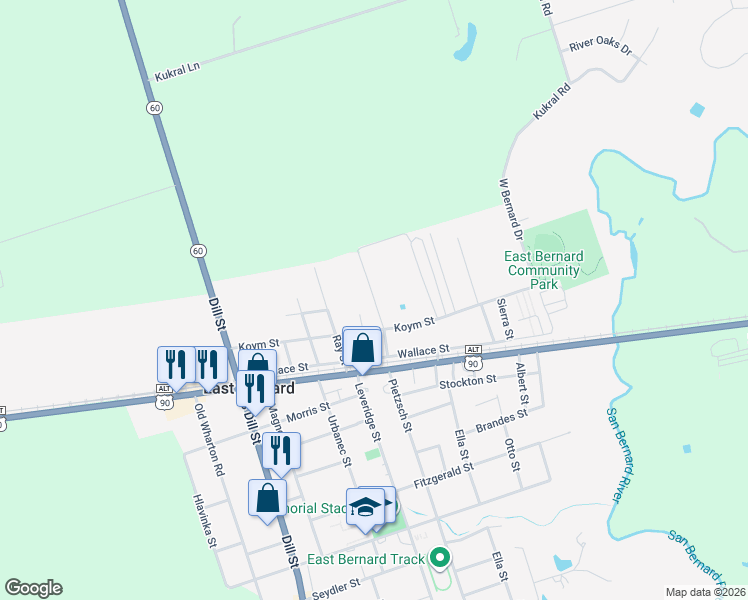 map of restaurants, bars, coffee shops, grocery stores, and more near 419 East Street in East Bernard