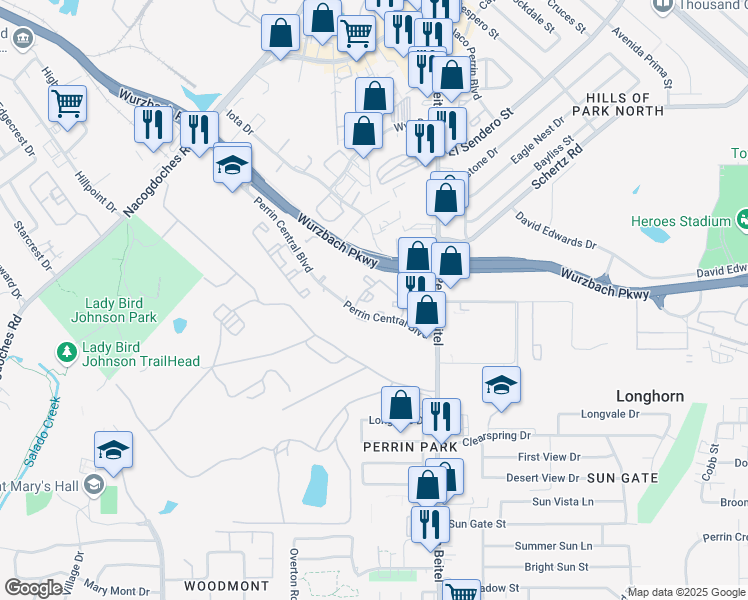 map of restaurants, bars, coffee shops, grocery stores, and more near 3919 Perrin Central Boulevard in San Antonio