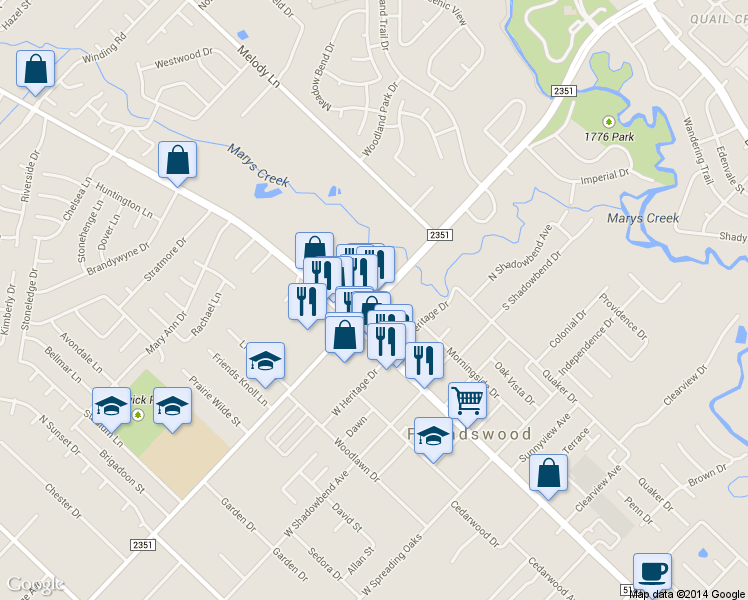 map of restaurants, bars, coffee shops, grocery stores, and more near 108 E Edgewood Dr in Friendswood
