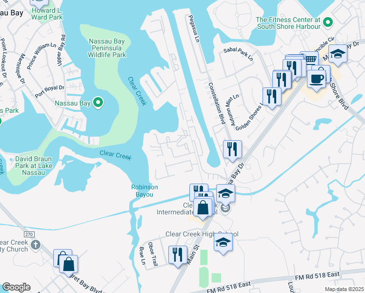 map of restaurants, bars, coffee shops, grocery stores, and more near 501 Davis Road in League City