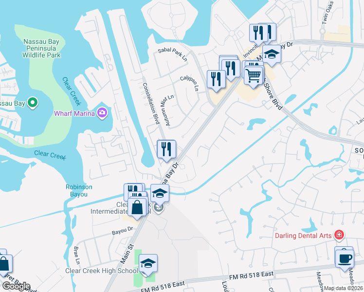 map of restaurants, bars, coffee shops, grocery stores, and more near 2622 Marina Bay Drive in League City