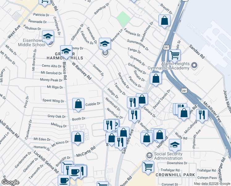 map of restaurants, bars, coffee shops, grocery stores, and more near 322 Tammy Drive in San Antonio