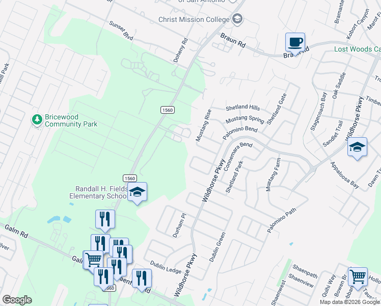 map of restaurants, bars, coffee shops, grocery stores, and more near 11050 Arabian Palm in San Antonio