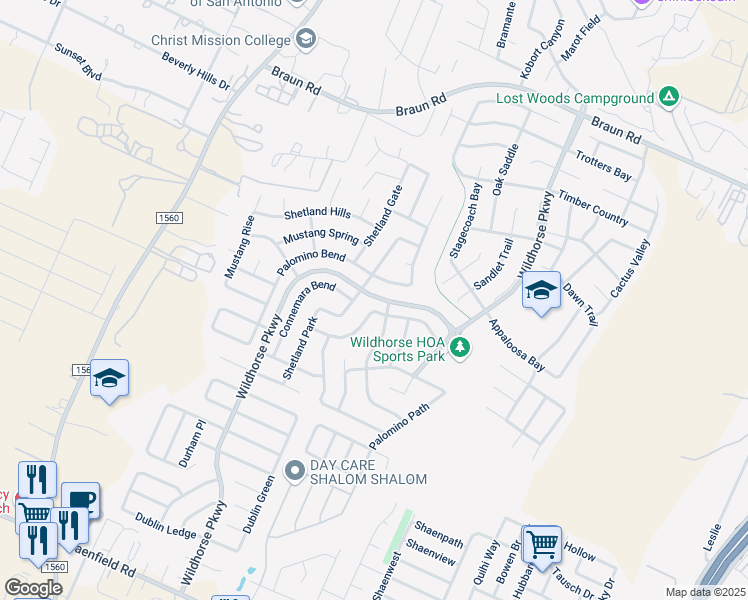 map of restaurants, bars, coffee shops, grocery stores, and more near 10742 Palomino Bend in San Antonio