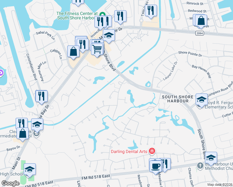 map of restaurants, bars, coffee shops, grocery stores, and more near 2408 Sawgrass Court in League City