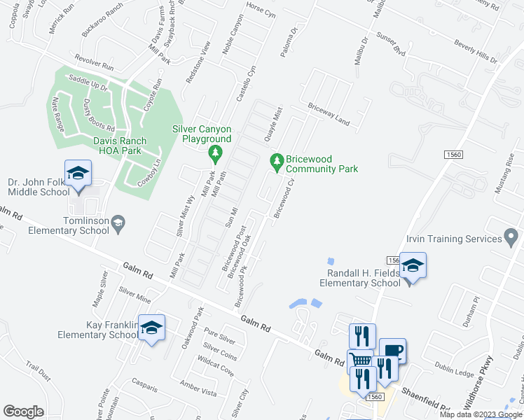 map of restaurants, bars, coffee shops, grocery stores, and more near 11715 Bricewood Tip in Helotes