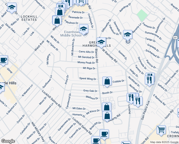 map of restaurants, bars, coffee shops, grocery stores, and more near 1102 Mount Riga Drive in San Antonio