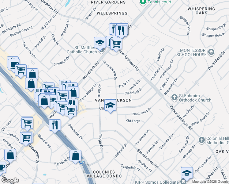 map of restaurants, bars, coffee shops, grocery stores, and more near 3510 Triola Drive in San Antonio