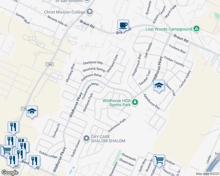 map of restaurants, bars, coffee shops, grocery stores, and more near 10742 Palomino Bend in San Antonio