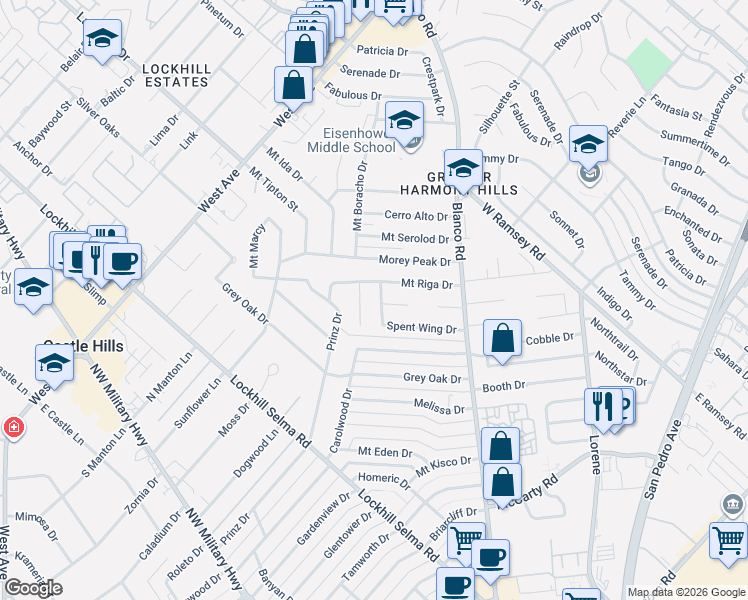 map of restaurants, bars, coffee shops, grocery stores, and more near 1126 Mount Riga Drive in San Antonio