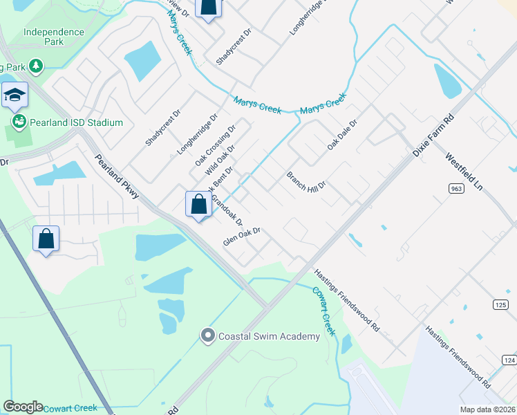 map of restaurants, bars, coffee shops, grocery stores, and more near 1814 Castle Oaks Drive in Pearland