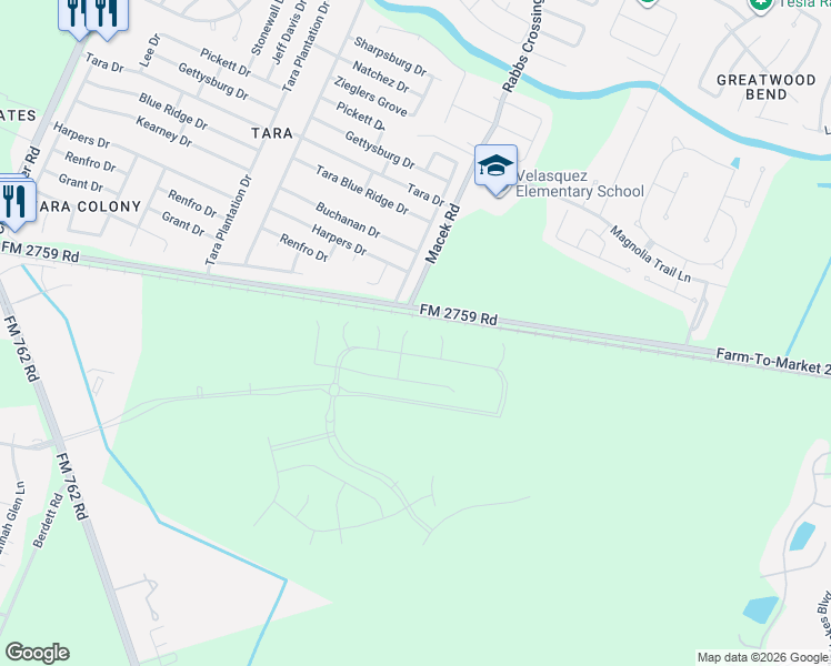 map of restaurants, bars, coffee shops, grocery stores, and more near 7500-7660 Farm-To-Market 2759 in Richmond