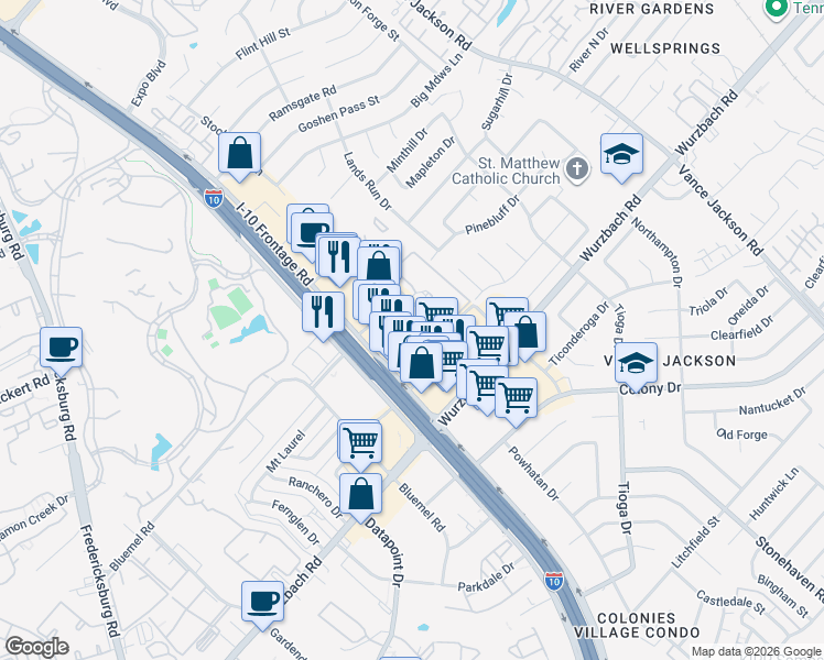 map of restaurants, bars, coffee shops, grocery stores, and more near 9830 Colonnade Boulevard in San Antonio