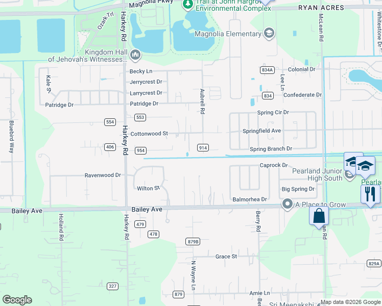 map of restaurants, bars, coffee shops, grocery stores, and more near 5710 Cottonwood Street in Pearland