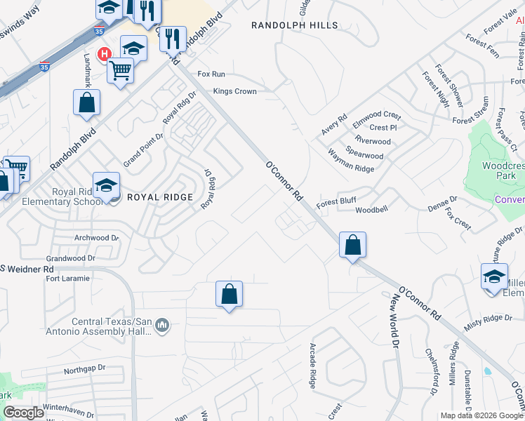 map of restaurants, bars, coffee shops, grocery stores, and more near 6522 Ithaca Falls in San Antonio