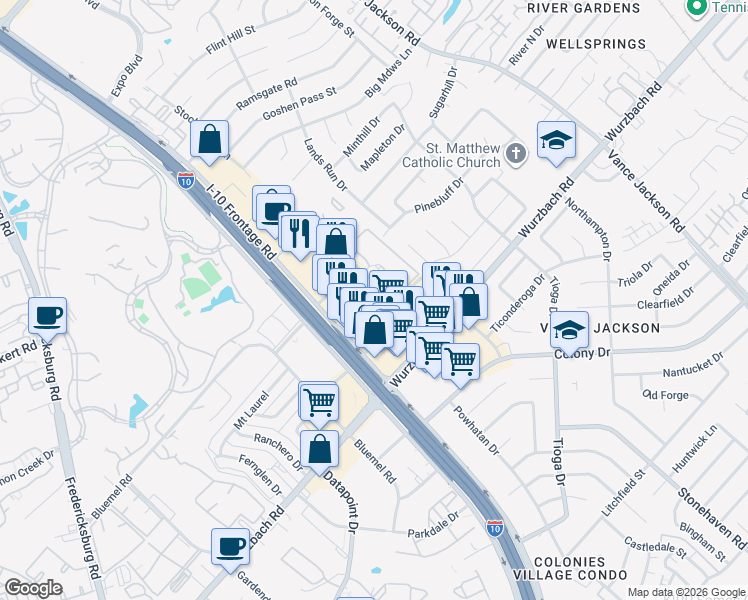 map of restaurants, bars, coffee shops, grocery stores, and more near 9830 Colonnade Boulevard in San Antonio