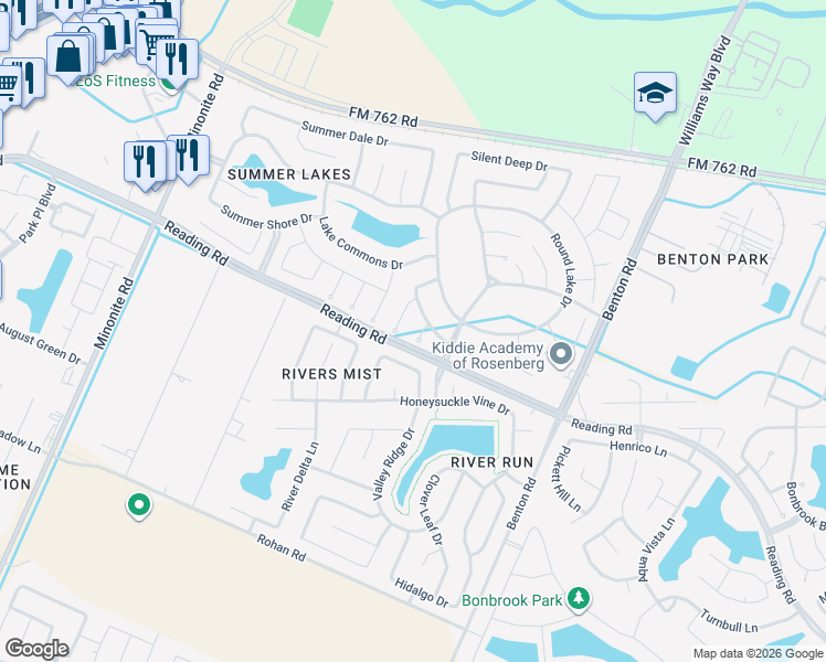 map of restaurants, bars, coffee shops, grocery stores, and more near 511 Summer Arbor Circle in Rosenberg