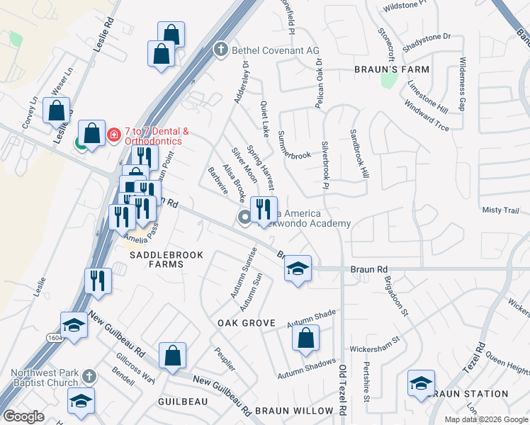 map of restaurants, bars, coffee shops, grocery stores, and more near 9622 Spring Harvest in San Antonio