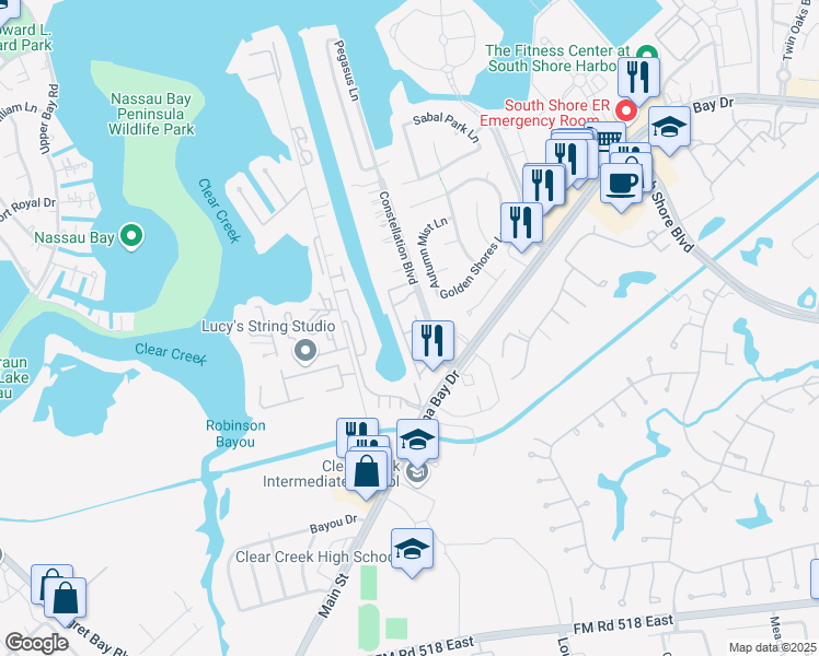 map of restaurants, bars, coffee shops, grocery stores, and more near 451 Constellation Boulevard in League City