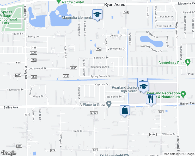 map of restaurants, bars, coffee shops, grocery stores, and more near 5214 Spring Branch Drive in Pearland