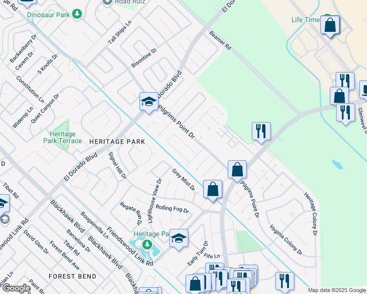 map of restaurants, bars, coffee shops, grocery stores, and more near 17102 Stone Stile Drive in Friendswood