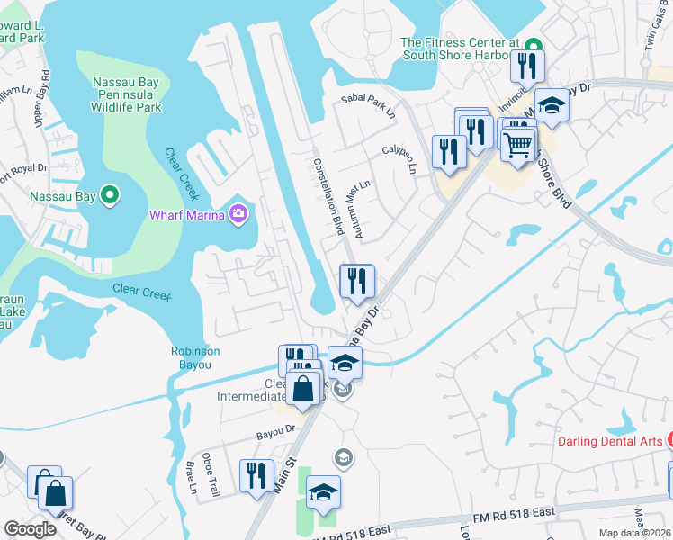 map of restaurants, bars, coffee shops, grocery stores, and more near 451 Constellation Boulevard in League City