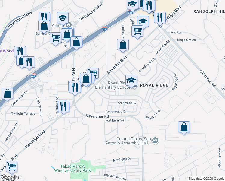 map of restaurants, bars, coffee shops, grocery stores, and more near 5841 Royal Club in San Antonio