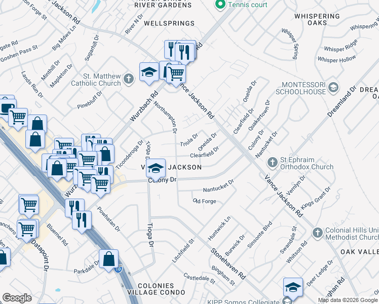 map of restaurants, bars, coffee shops, grocery stores, and more near 3418 Triola Drive in San Antonio