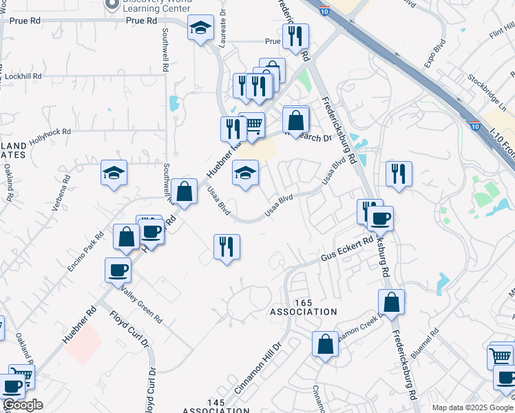 map of restaurants, bars, coffee shops, grocery stores, and more near 5111 USAA Boulevard in San Antonio