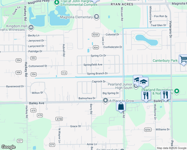 map of restaurants, bars, coffee shops, grocery stores, and more near 5213 County Road 834 in Pearland