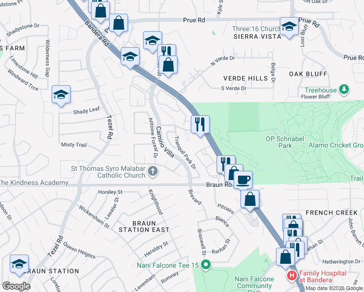 map of restaurants, bars, coffee shops, grocery stores, and more near 9520 Legend Isle Drive in San Antonio