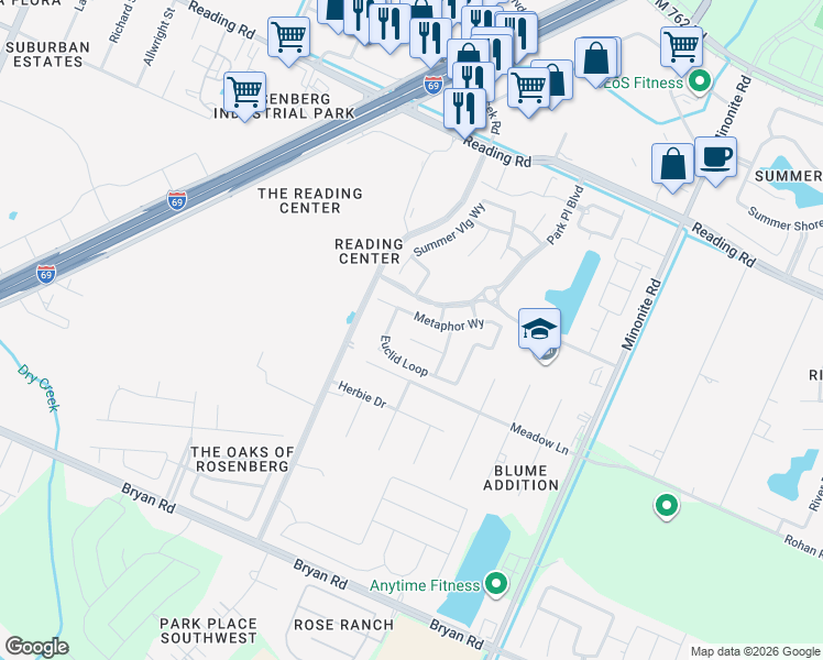 map of restaurants, bars, coffee shops, grocery stores, and more near 5814 Metaphor Way in Rosenberg