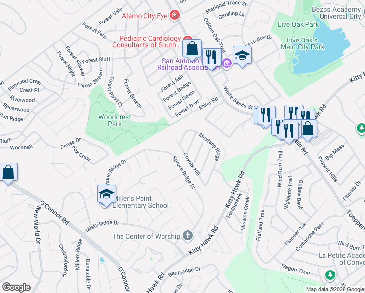 map of restaurants, bars, coffee shops, grocery stores, and more near 7427 Redman Pass in Converse
