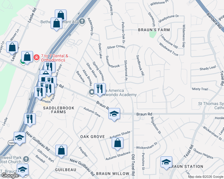 map of restaurants, bars, coffee shops, grocery stores, and more near 9530 Silver Pond in San Antonio