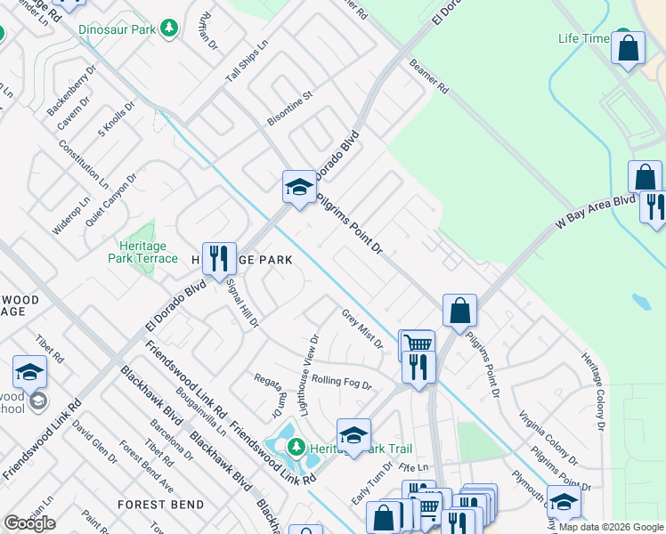 map of restaurants, bars, coffee shops, grocery stores, and more near 17038 Coachmaker Drive in Friendswood